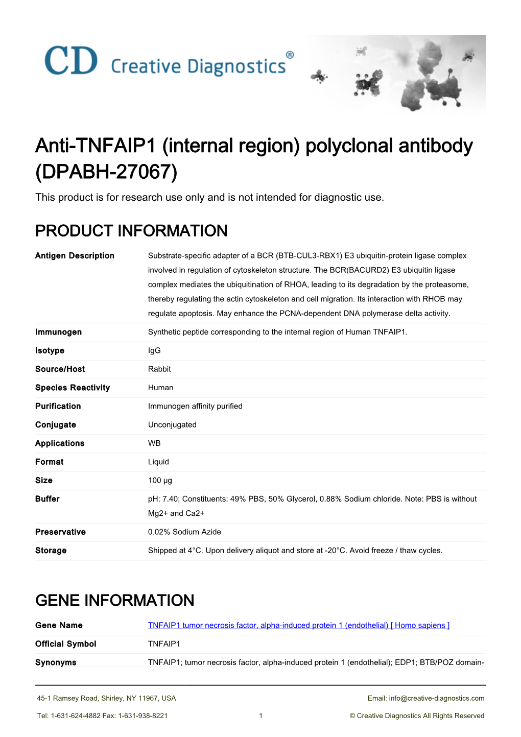 Anti-TNFAIP1 (Internal Region) Polyclonal Antibody (DPABH-27067) This Product Is for Research Use Only and Is Not Intended for Diagnostic Use