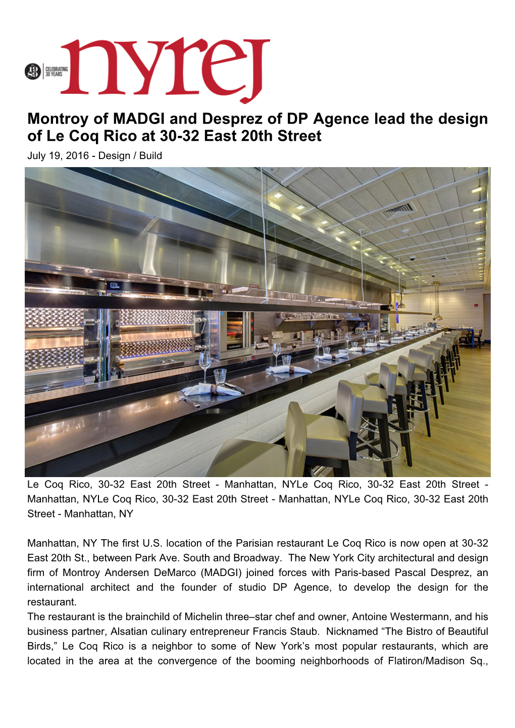 Montroy of MADGI and Desprez of DP Agence Lead the Design of Le Coq Rico at 30-32 East 20Th Street July 19, 2016 - Design / Build