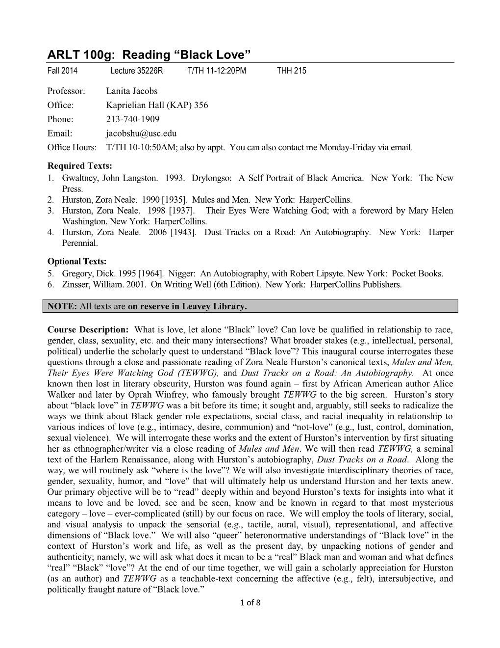 Reading “Black Love” Fall 2014 Lecture 35226R T/TH 11-12:20PM THH 215