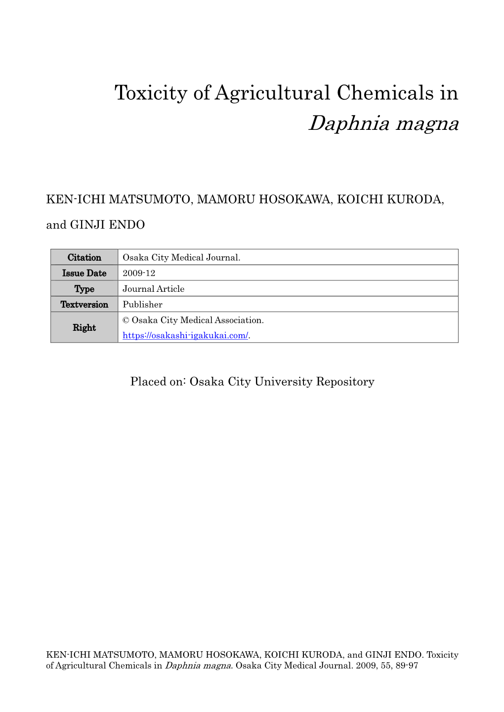 Toxicity of Agricultural Chemicals in Daphnia Magna