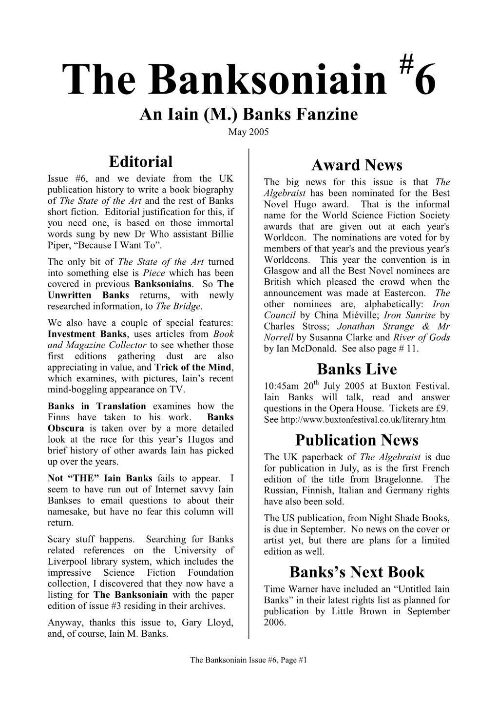 The Banksoniain #6 an Iain (M.) Banks Fanzine May 2005