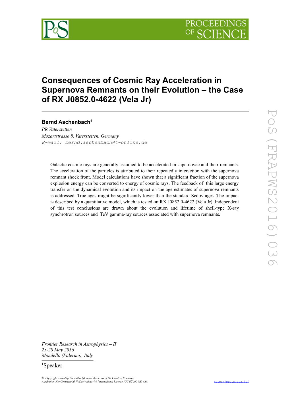 Vela Jr) Accelelation in Snrs J0852.0-4622 – RX (Vela Ray Cosmic Pos(FRAPWS2016)036