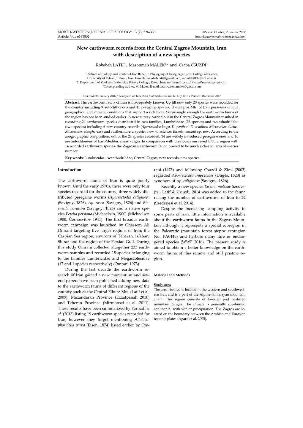 New Earthworm Records from the Central Zagros Mountain, Iran with Description of a New Species