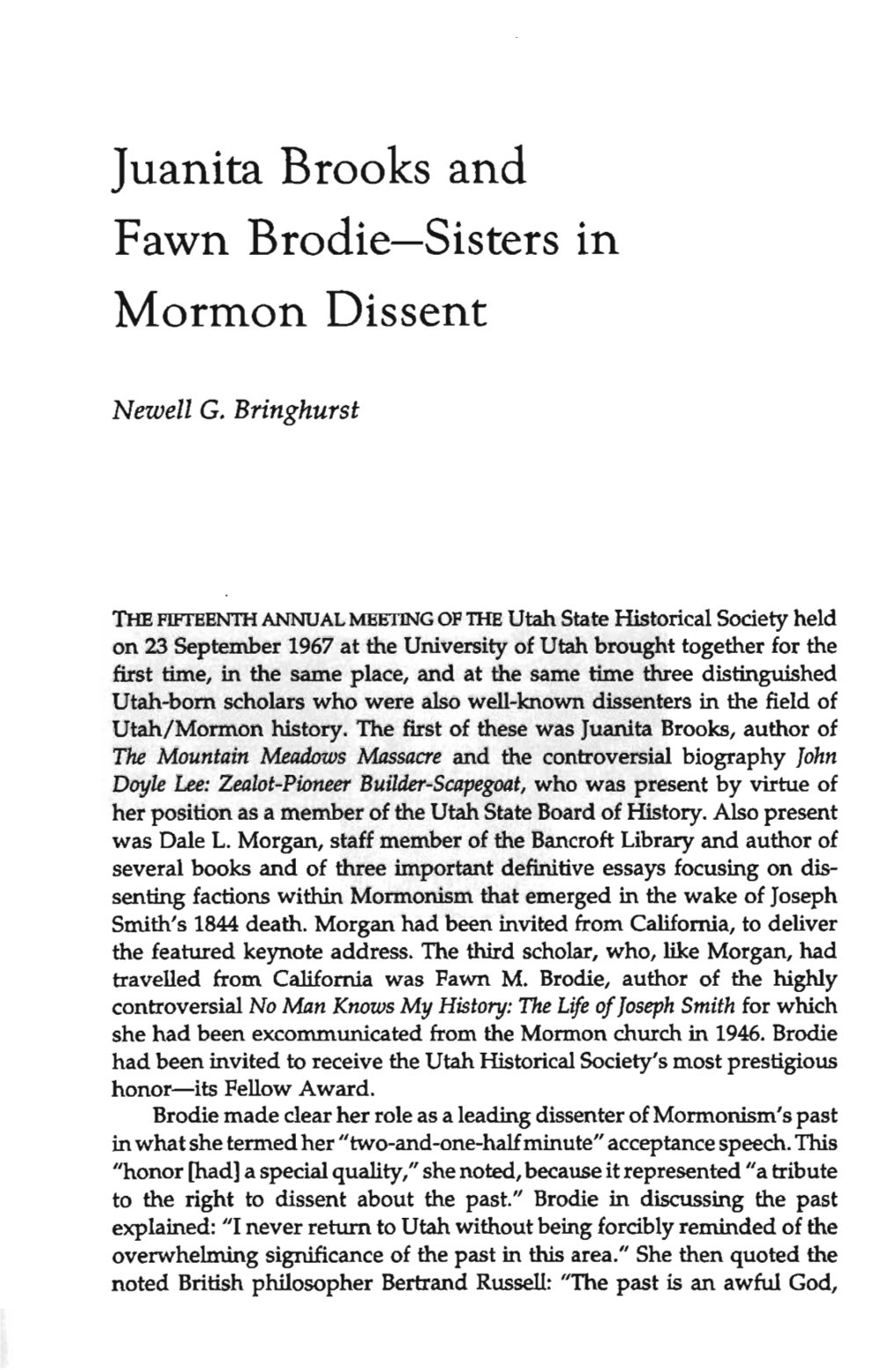 Juanita Brooks and Fawn Brodie—Sisters in Mormon Dissent