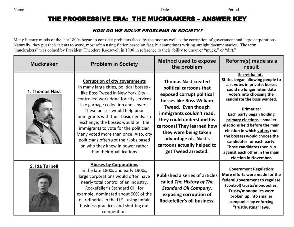 The Progressive Era: the Muckrakers – Answer Key