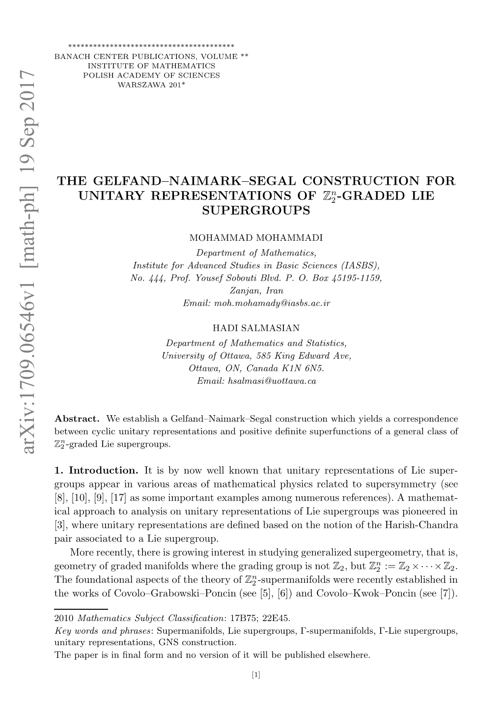 Arxiv:1709.06546V1 [Math-Ph] 19 Sep 2017 AAHCNE ULCTOS OUE** VOLUME PUBLICATIONS, CENTER BANACH 2010 E Od N Phrases and Words Key Abstract