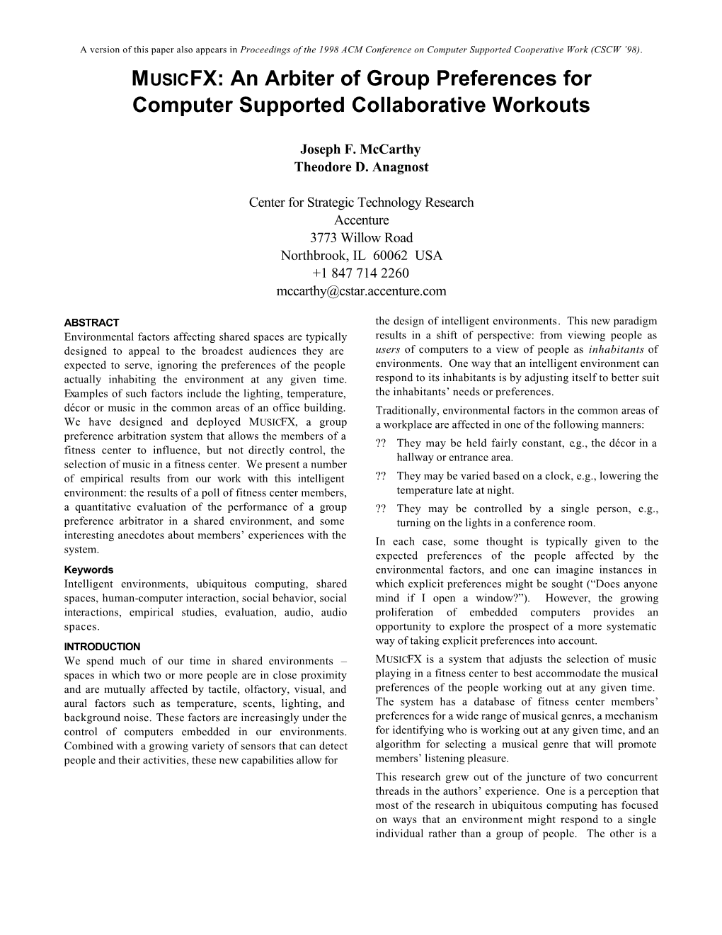 MUSICFX: an Arbiter of Group Preferences for Computer Supported Collaborative Workouts