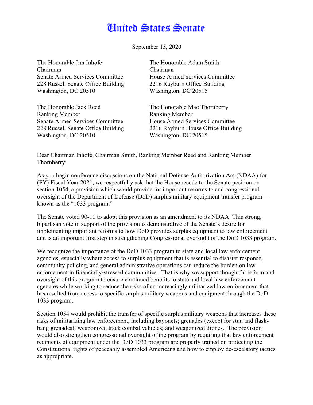 September 15, 2020 the Honorable Jim Inhofe Chairman Senate Armed Services Committee 228 Russell Senate Office Building Washingt