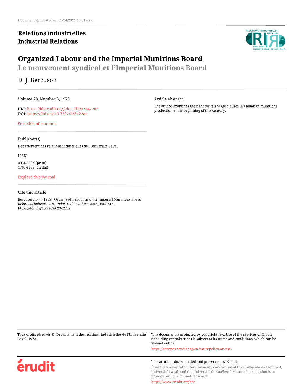 Organized Labour and the Imperial Munitions Board Le Mouvement Syndical Et L’Imperial Munitions Board D