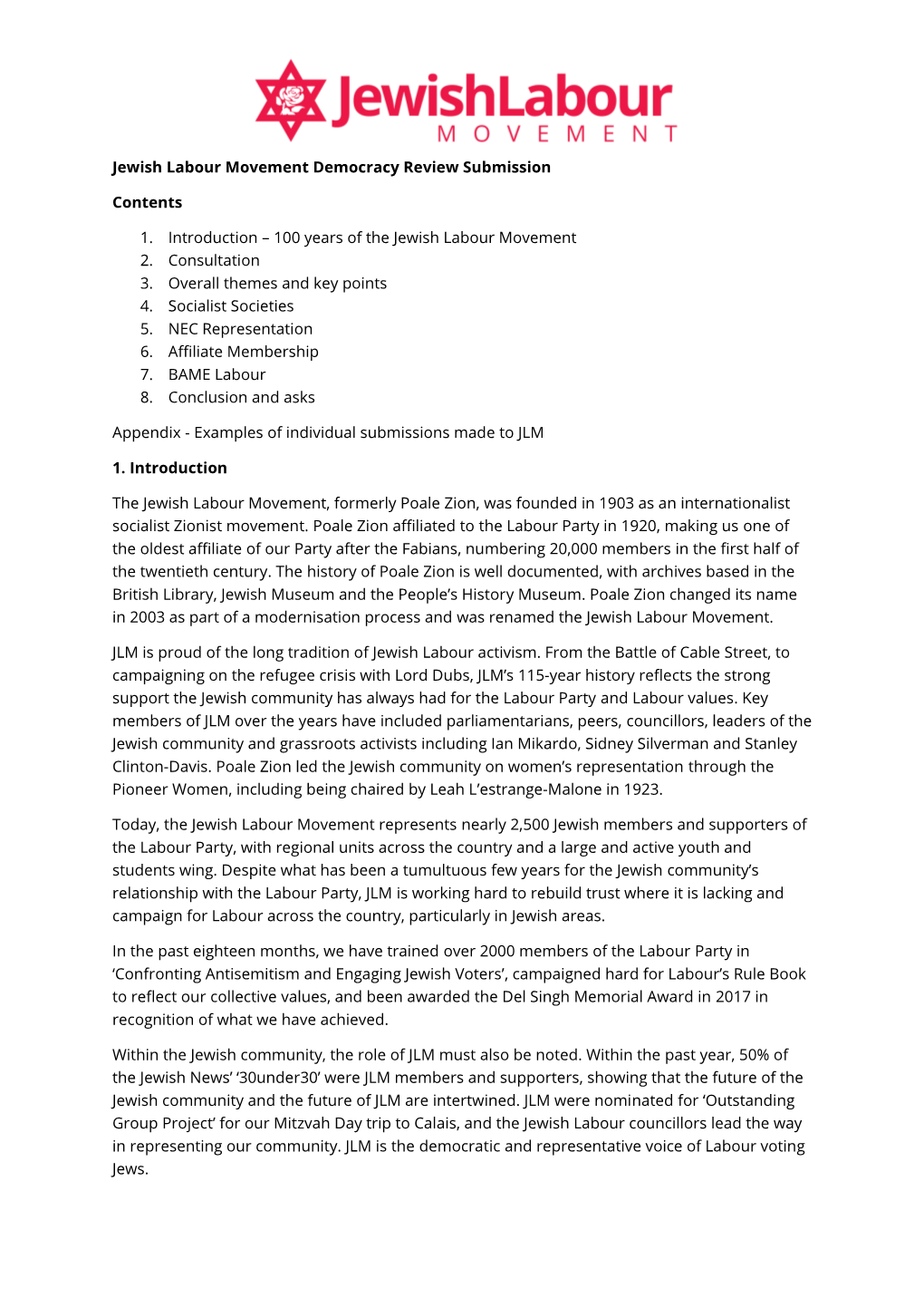 Jewish Labour Movement Democracy Review Submission Contents 1. Introduction