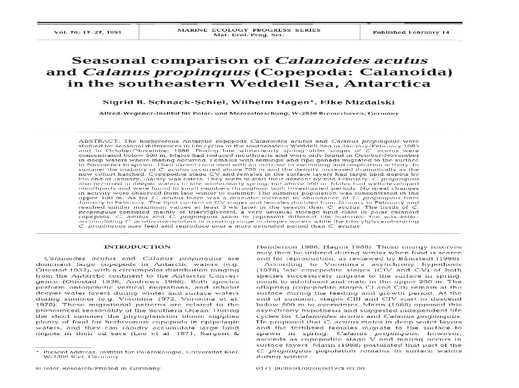 Seasonal Comparison of Calanoides Acutus and Calanus Propinquus (Copepoda: Calanoida) in the Southeastern Weddell Sea, Antarctica
