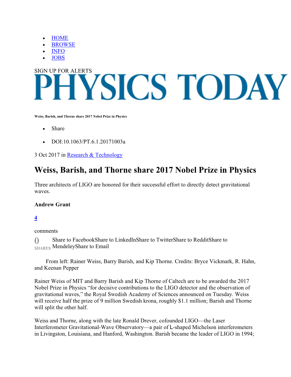 Weiss, Barish, and Thorne Share 2017 Nobel Prize in Physics