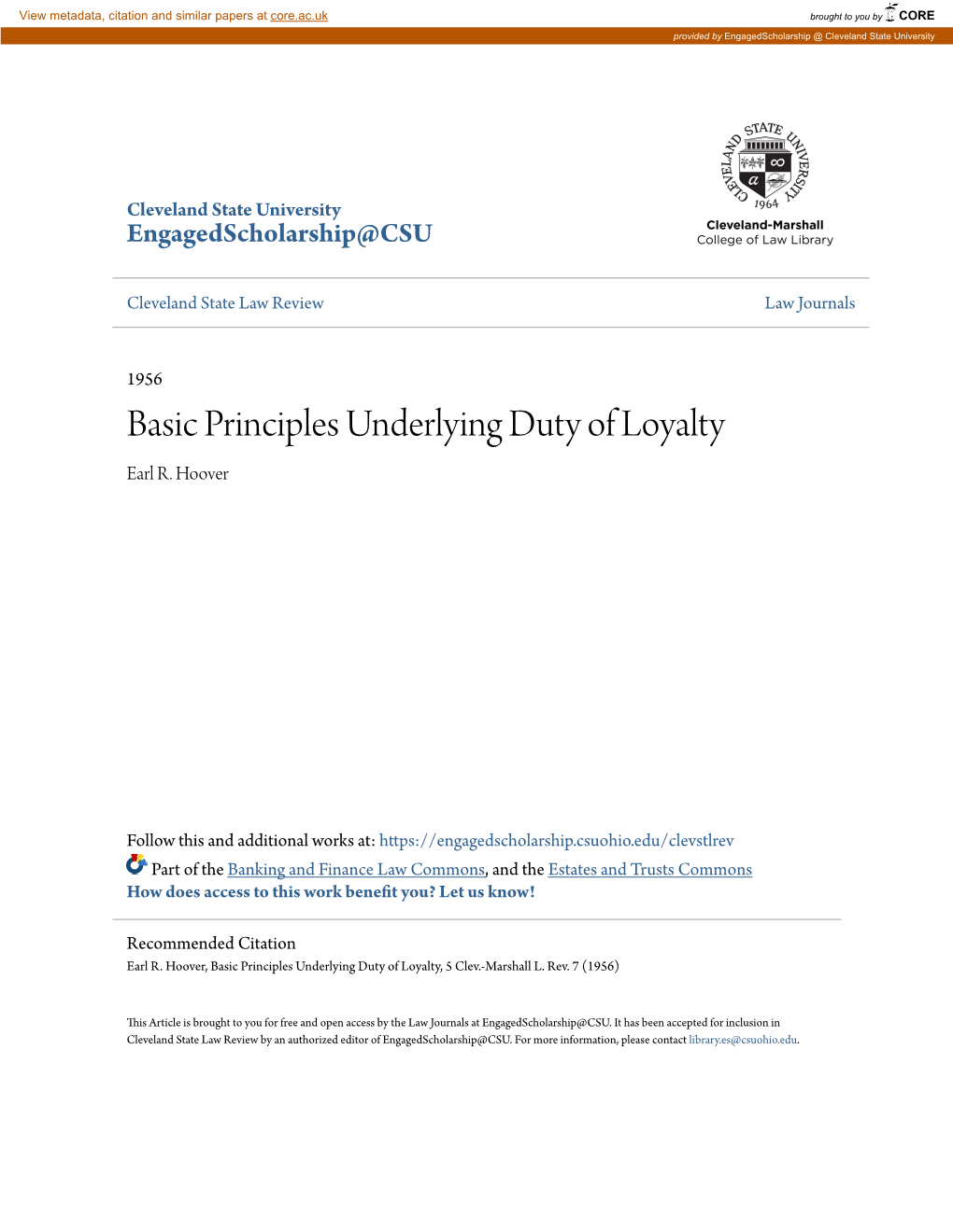 Basic Principles Underlying Duty of Loyalty Earl R