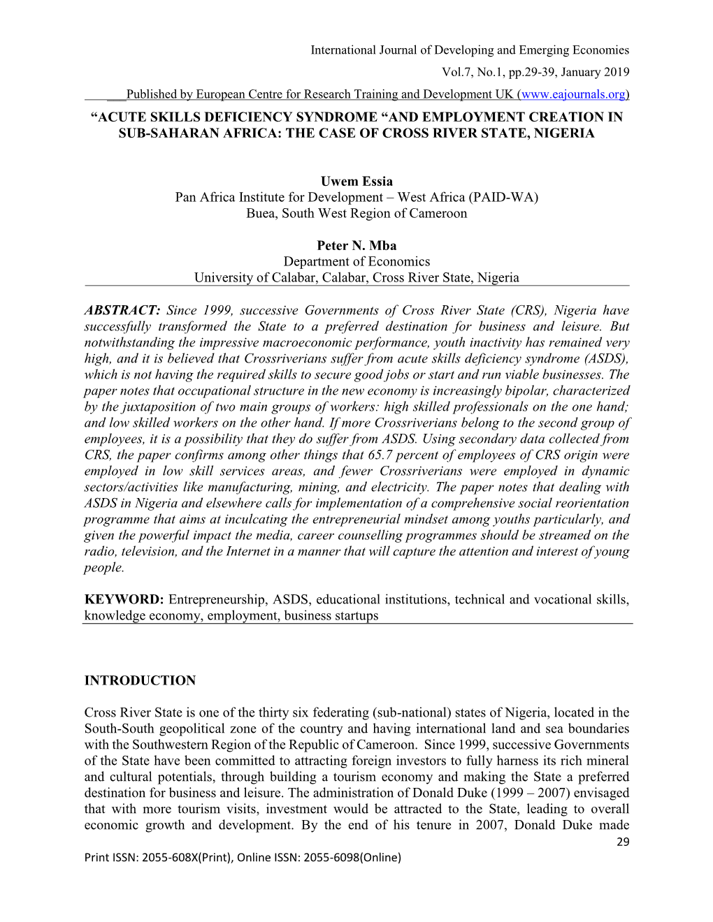 And Employment Creation in Sub-Saharan Africa: the Case of Cross River State, Nigeria