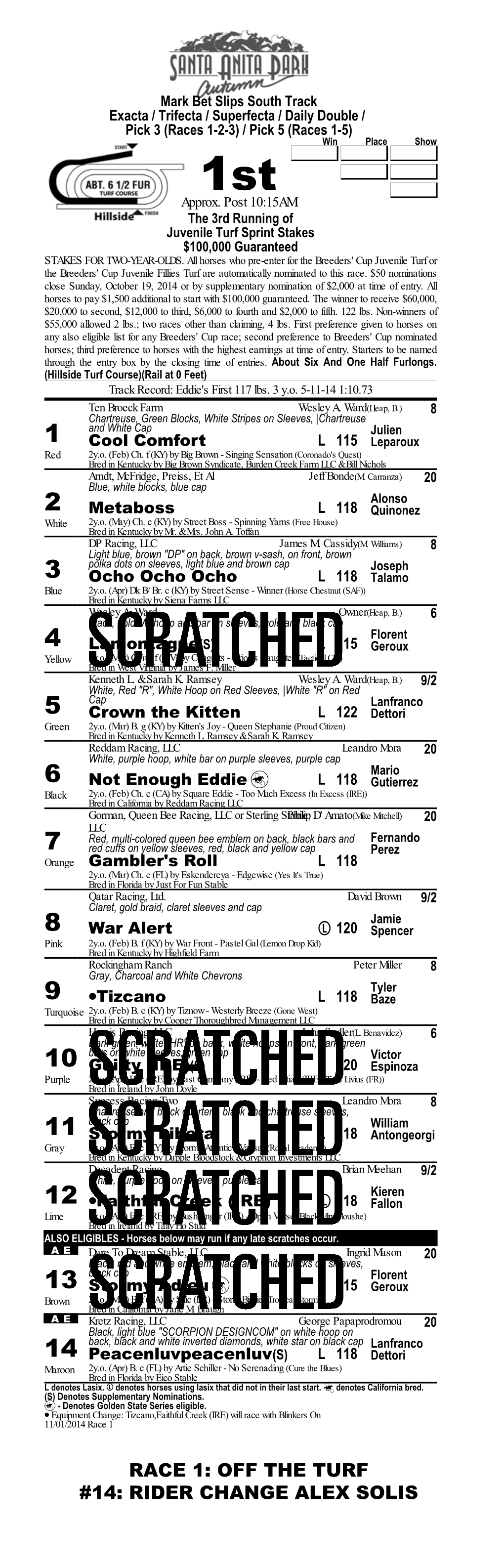 Race 1: Off the Turf #14: Rider Change Alex Solis