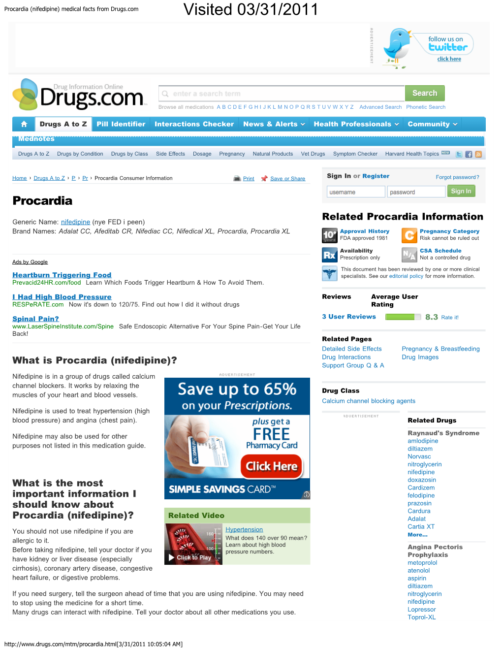 Procardia (Nifedipine) Medical Facts from Drugs.Com Visited 03/31/2011