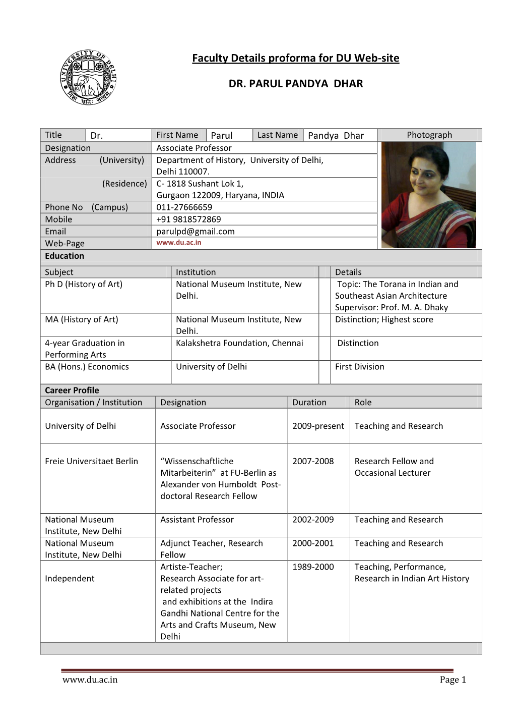 Faculty Details Proforma for DU Web-Site DR