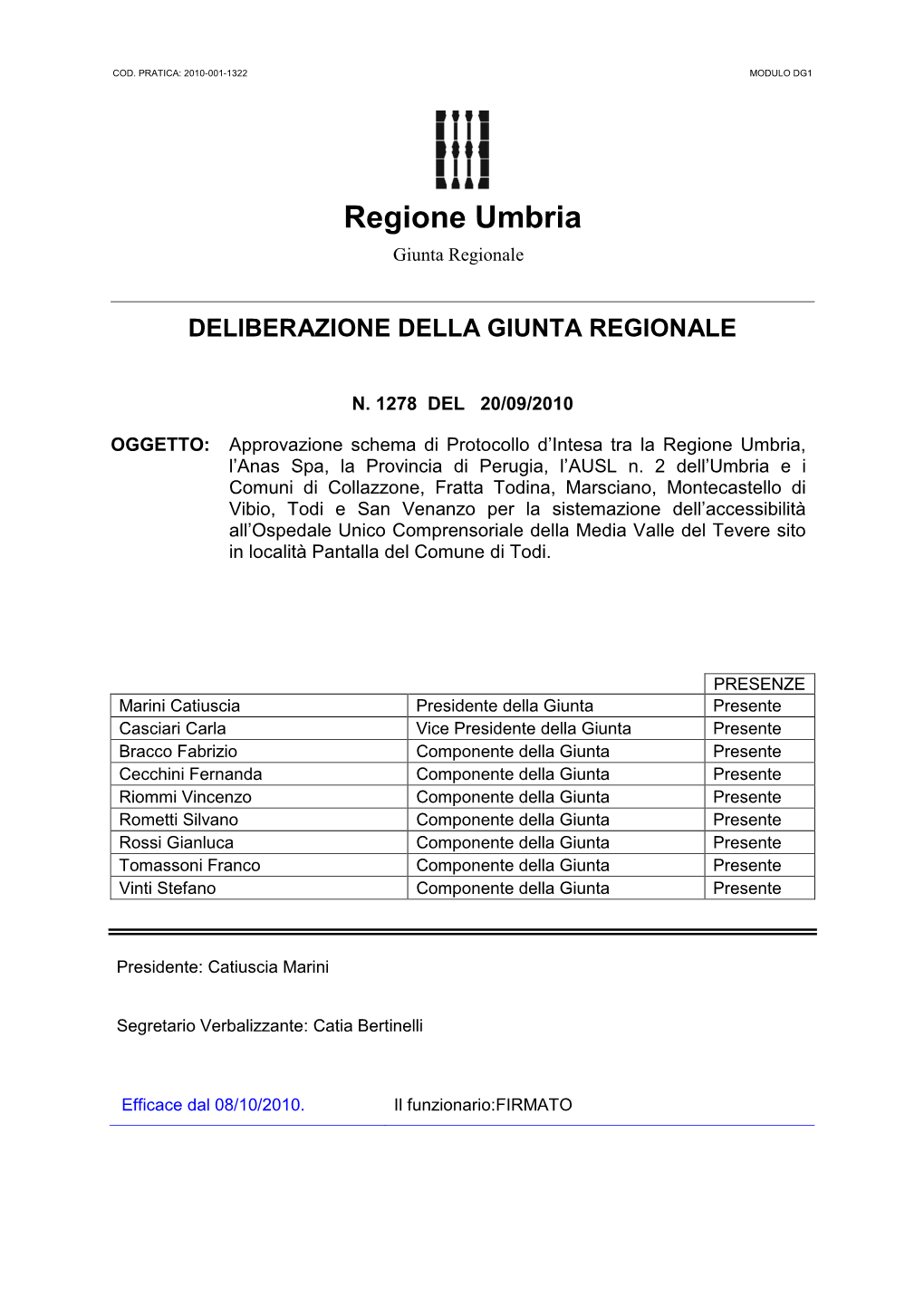 Deliberazione Della Giunta Regionale N. 1278 Del 20