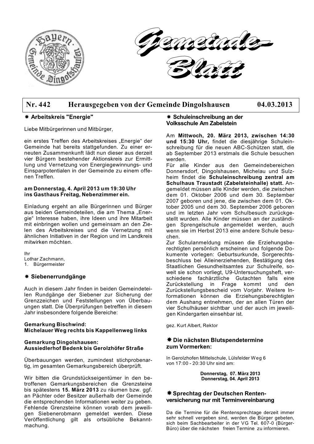Nr. 442 Herausgegeben Von Der Gemeinde Dingolshausen 04.03