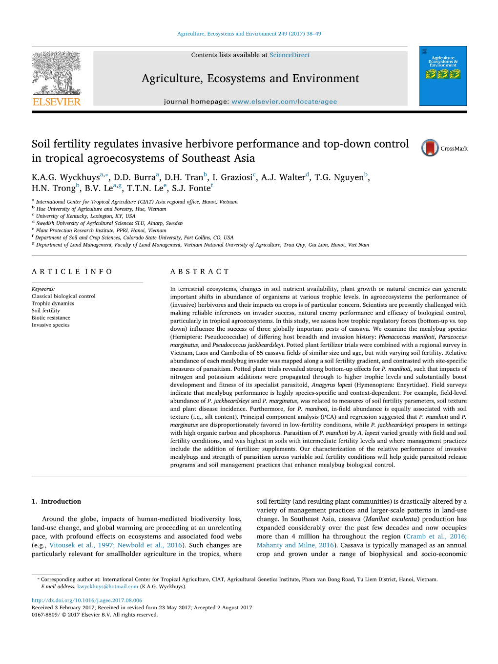 Soil Fertility Regulates Invasive Herbivore Performance and Top-Down Control MARK in Tropical Agroecosystems of Southeast Asia ⁎ K.A.G