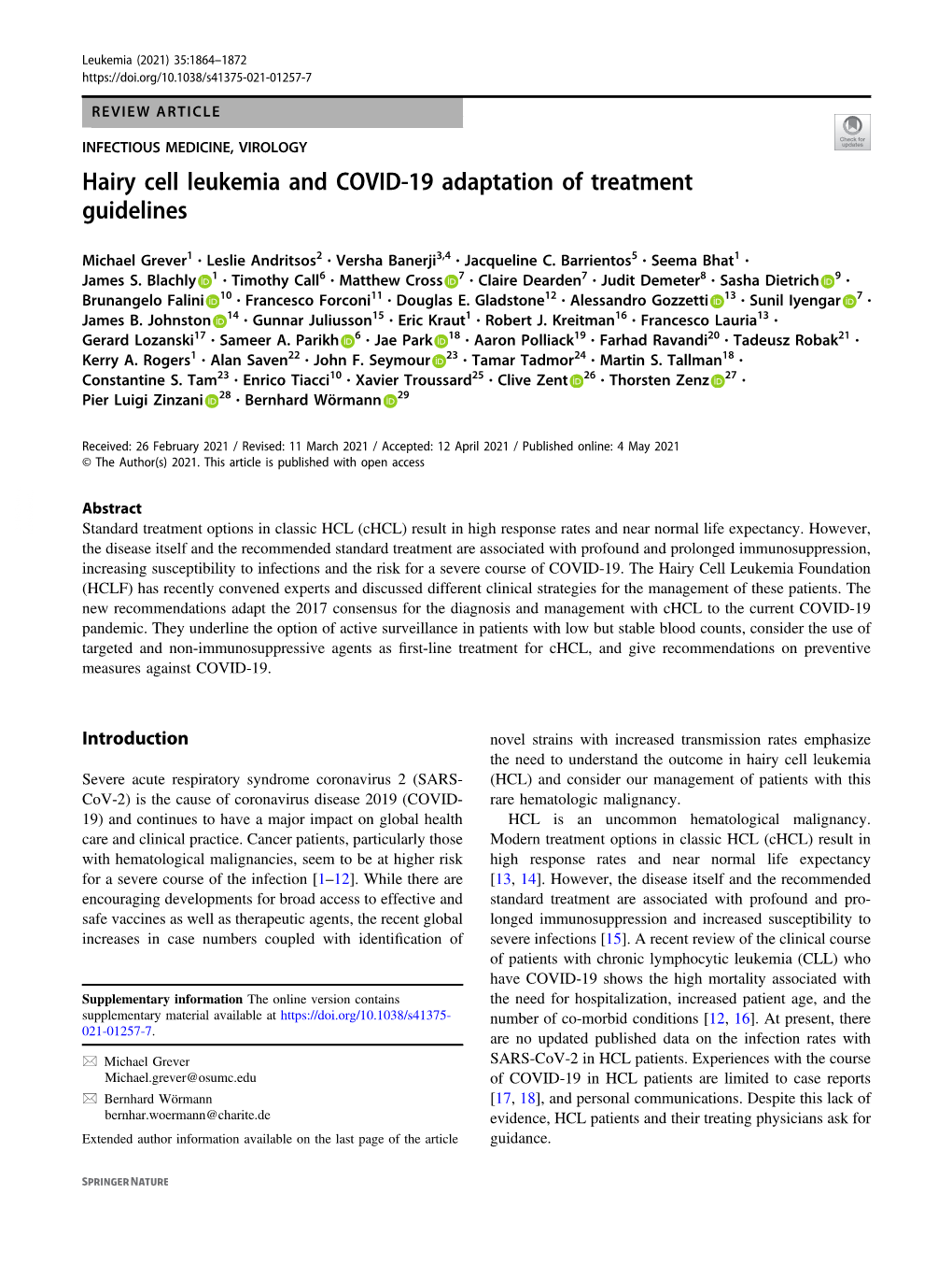 Hairy Cell Leukemia and COVID-19 Adaptation of Treatment Guidelines