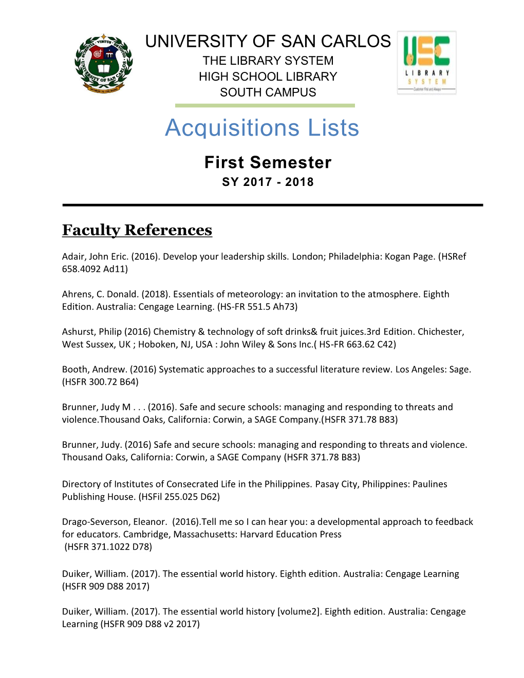 Acquisitions Lists First Semester SY 2017 - 2018