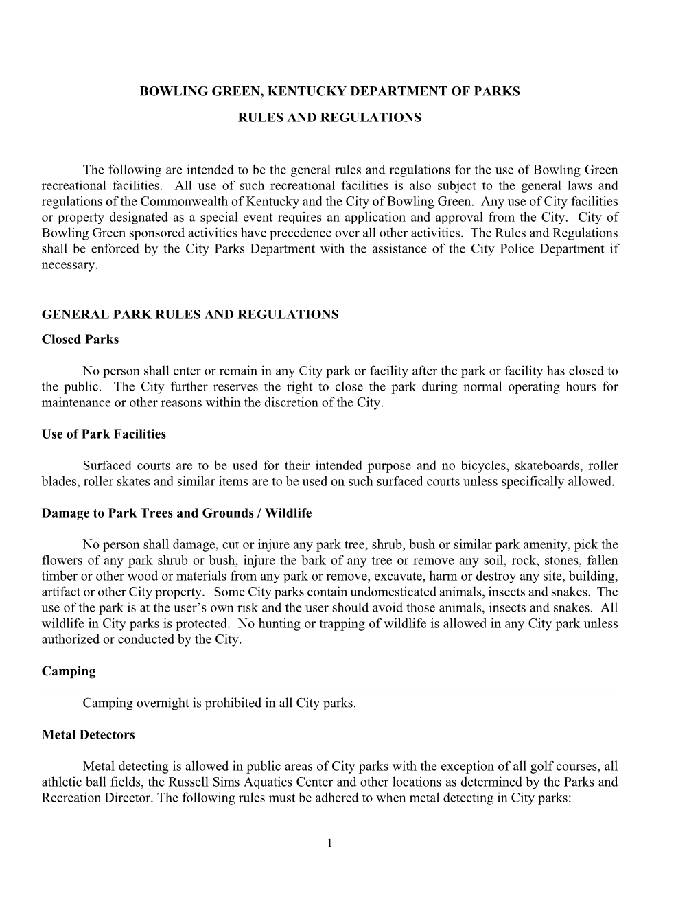 General Rules and Regulations (City of Bowling Green Parks And