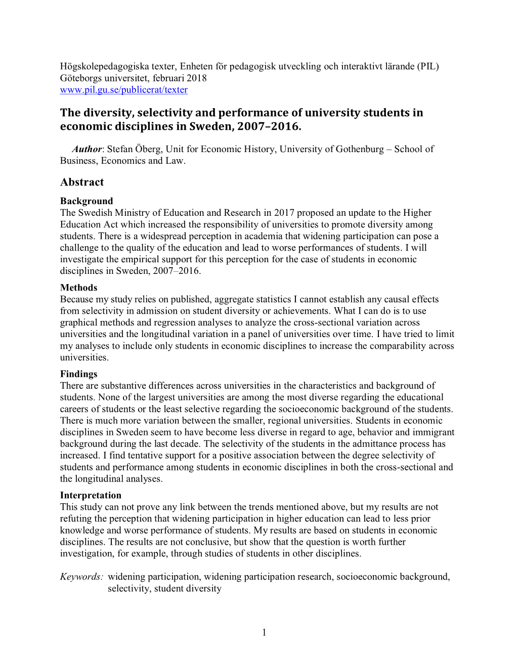 Öberg, Stefan. the Diversity, Selectivity and Performance of University