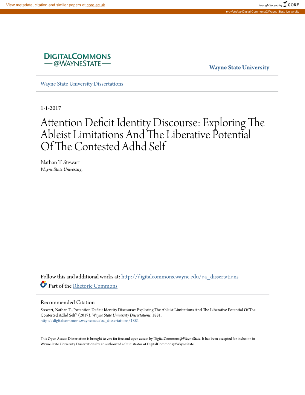 Attention Deficit Identity Discourse: Exploring the Ableist Limitations and the Liberative Potential of the Onc Tested Adhd Self Nathan T