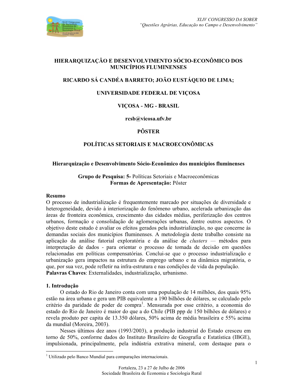 Hierarquização E Desenvolvimento Sócio-Econômico Dos Municípios Fluminenses