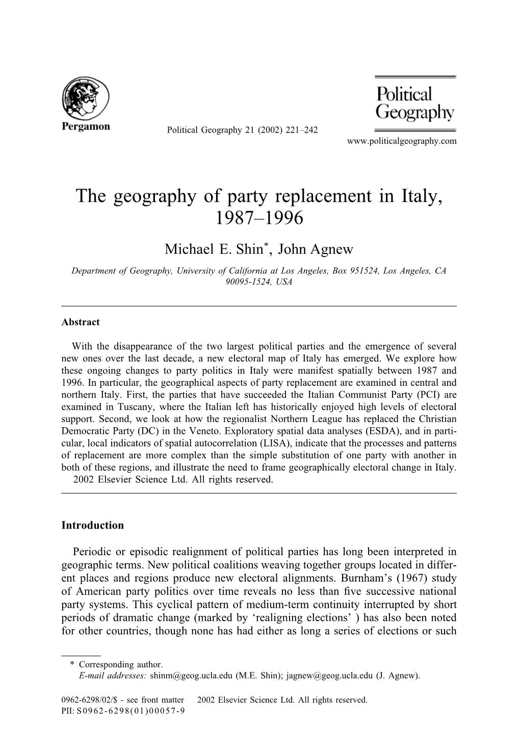 The Geography of Party Replacement in Italy, 1987–1996 Michael E