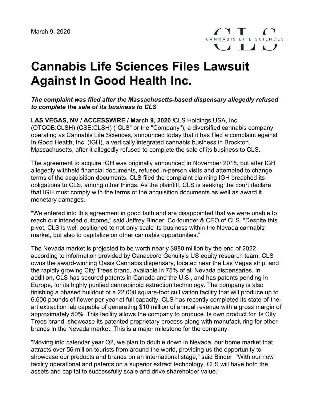 Cannabis Life Sciences Files Lawsuit Against in Good Health Inc