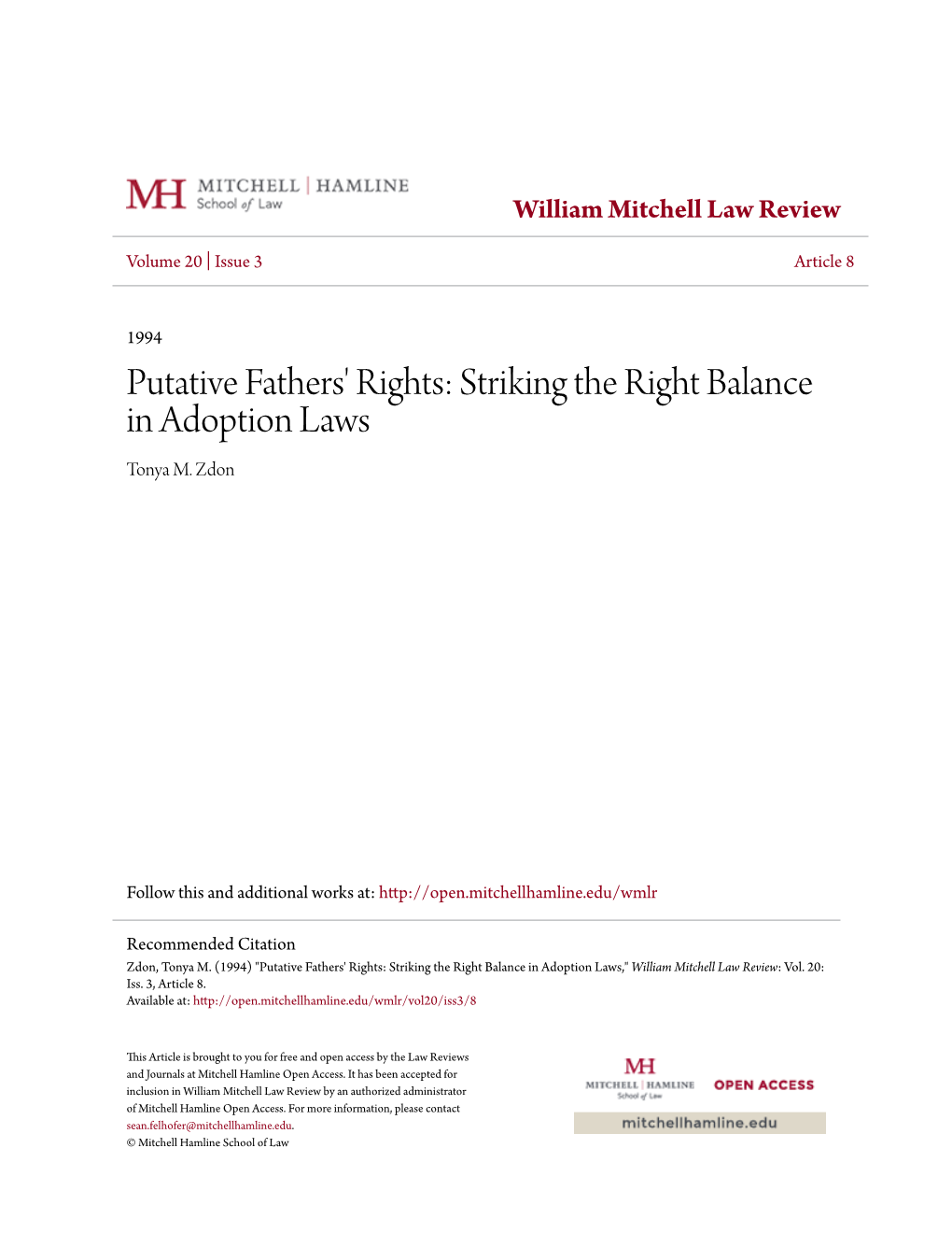 Putative Fathers' Rights: Striking the Right Balance in Adoption Laws Tonya M