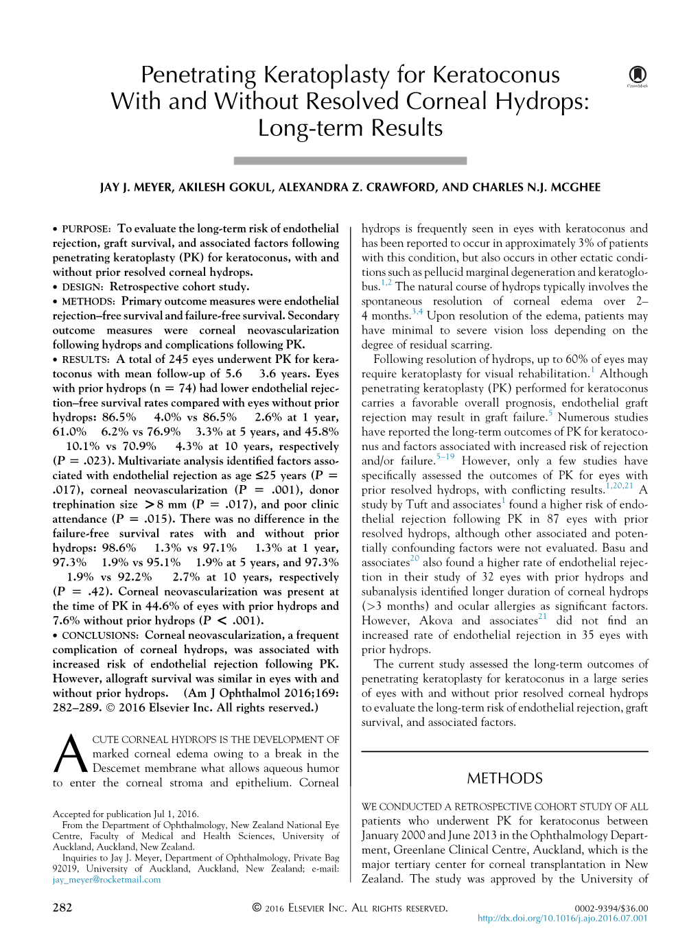 Penetrating Keratoplasty for Keratoconus with and Without Resolved Corneal Hydrops: Long-Term Results