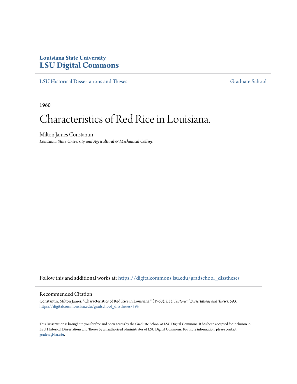 Characteristics of Red Rice in Louisiana. Milton James Constantin Louisiana State University and Agricultural & Mechanical College