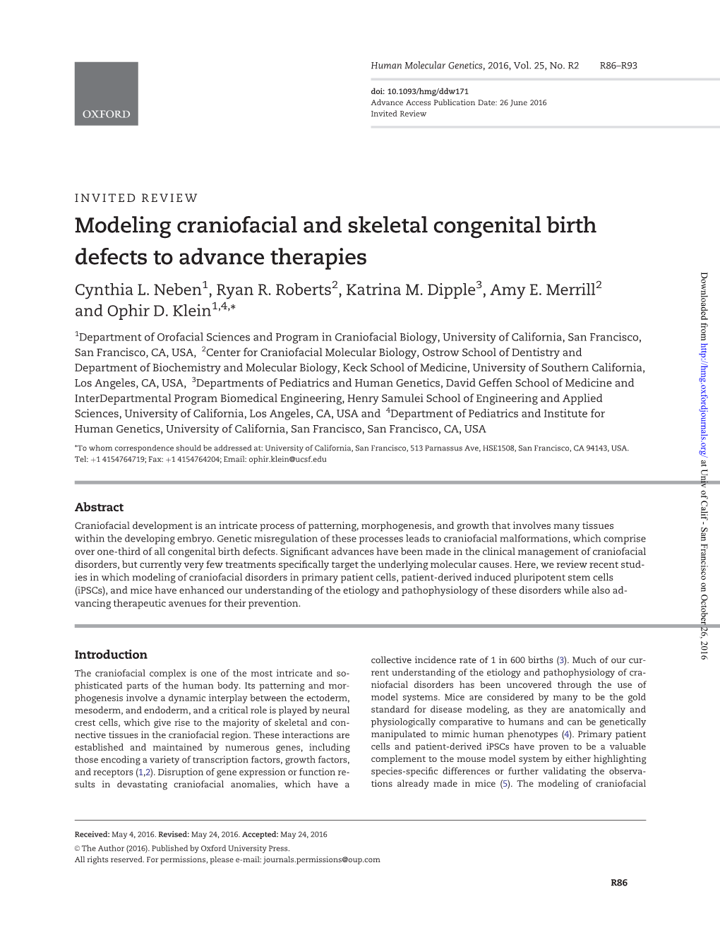 Modeling Craniofacial and Skeletal Congenital Birth Defects to Advance Therapies Downloaded from Cynthia L