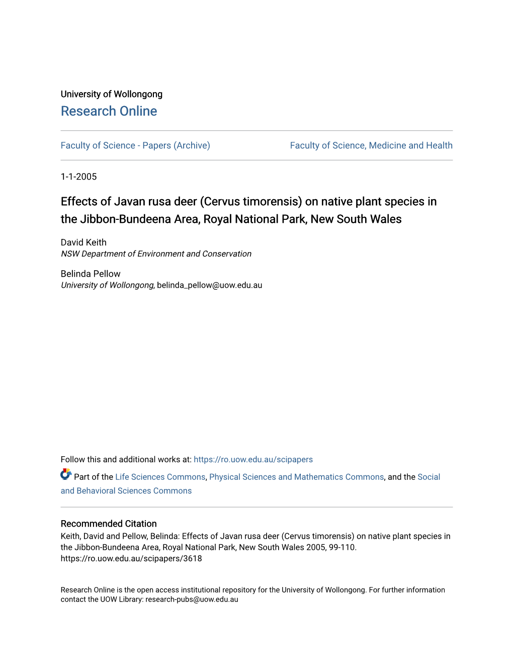 Effects of Javan Rusa Deer (Cervus Timorensis) on Native Plant Species in the Jibbon-Bundeena Area, Royal National Park, New South Wales