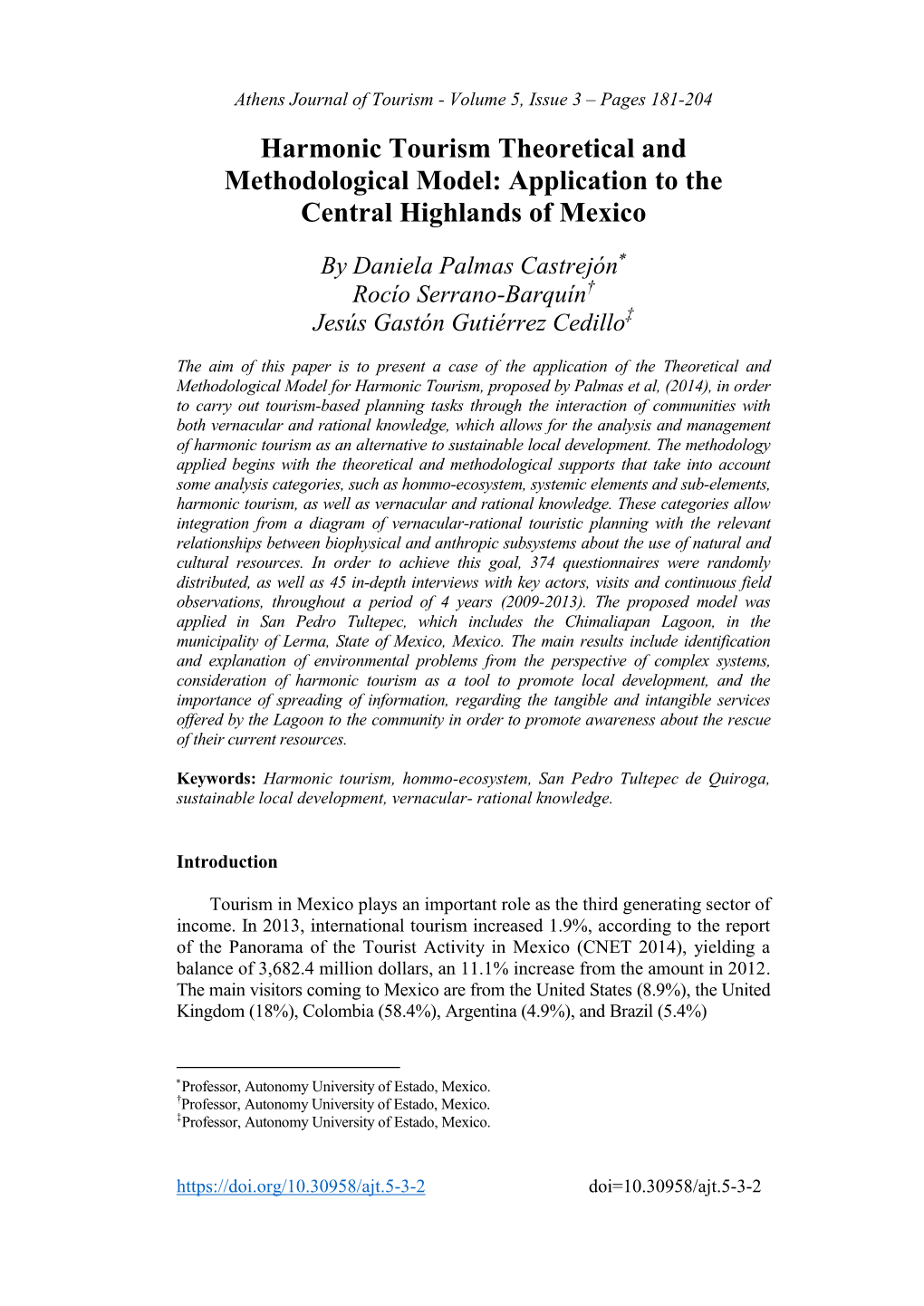Harmonic Tourism Theoretical and Methodological Model: Application to the Central Highlands of Mexico
