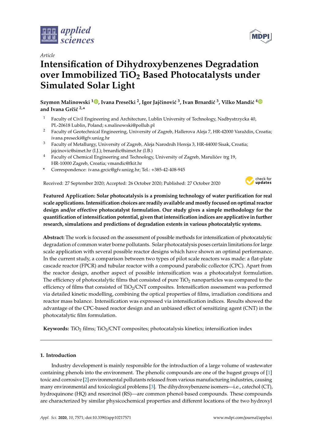Intensification of Dihydroxybenzenes Degradation Over Immobilized Tio2 Based Photocatalysts Under Simulated Solar Light