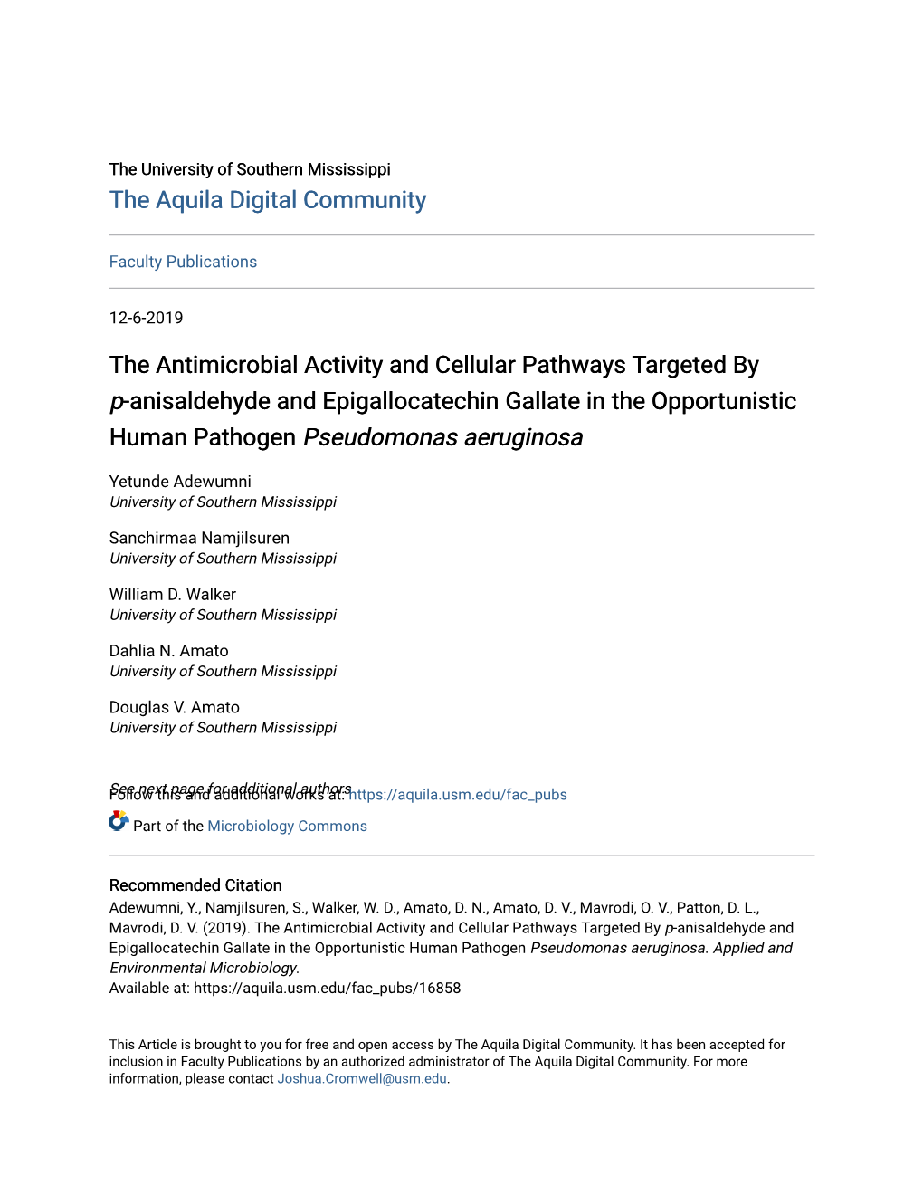 The Antimicrobial Activity and Cellular Pathways Targeted by P-Anisaldehyde and Epigallocatechin Gallate in the Opportunistic Human Pathogen Pseudomonas Aeruginosa