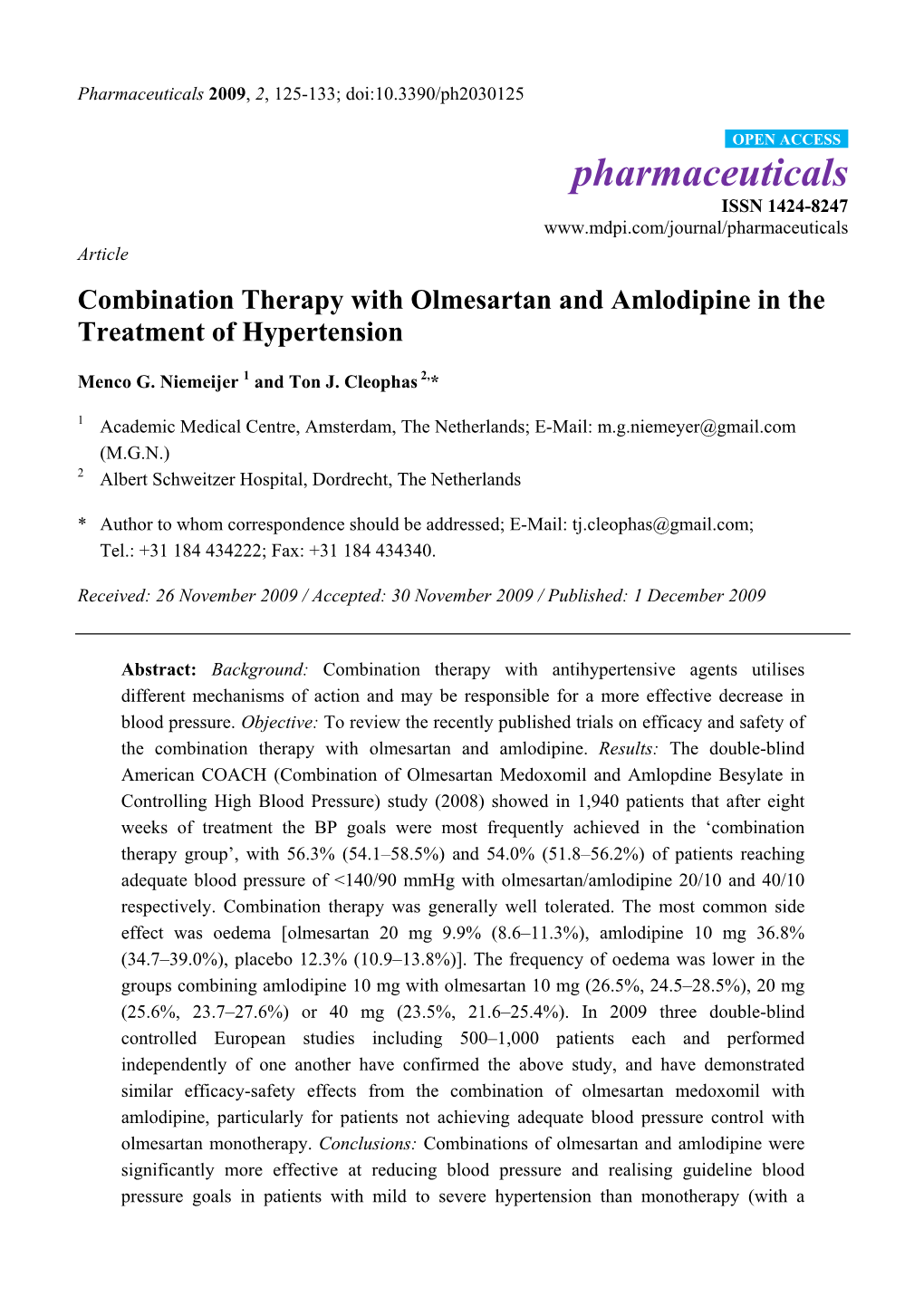 Combination Therapy with Olmesartan and Amlodipine in the Treatment of Hypertension