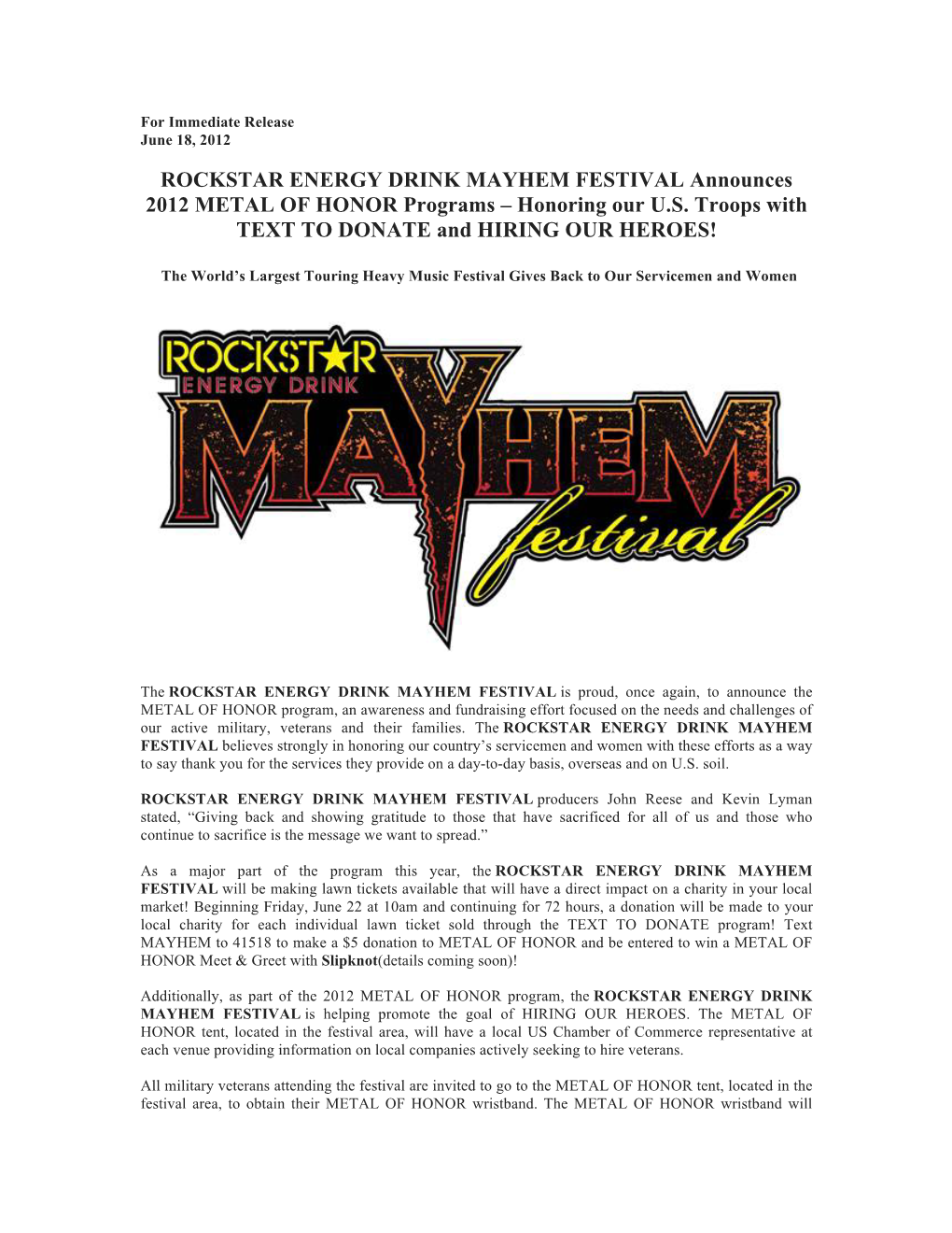 ROCKSTAR ENERGY DRINK MAYHEM FESTIVAL Announces 2012 METAL of HONOR Programs – Honoring Our U.S