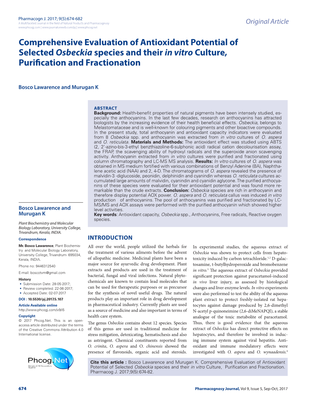 Comprehensive Evaluation of Antioxidant Potential of Selected Osbeckia Species and Their in Vitro Culture, Purification and Fractionation