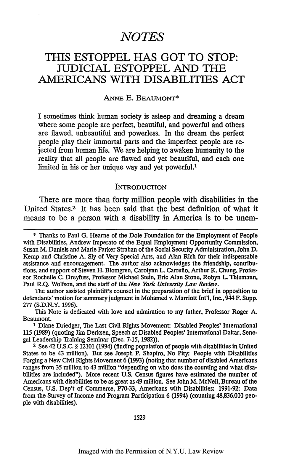 Judicial Estoppel and the Americans with Disabilities Act