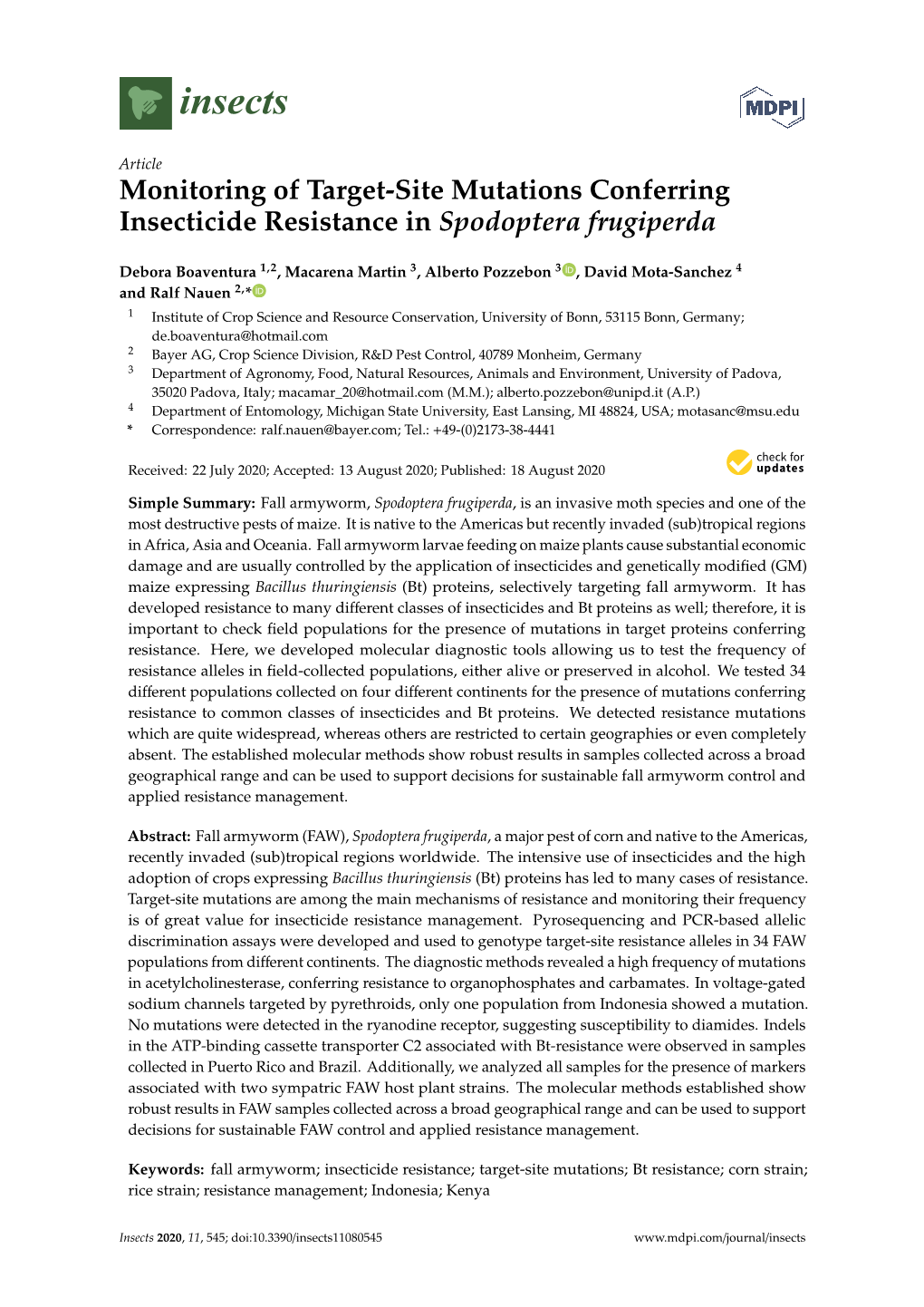 Monitoring of Target-Site Mutations Conferring Insecticide Resistance in Spodoptera Frugiperda