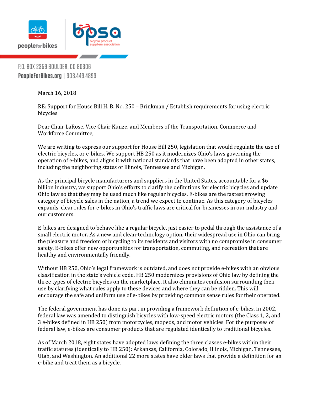 March 16, 2018 RE: Support for House Bill H. B. No. 250