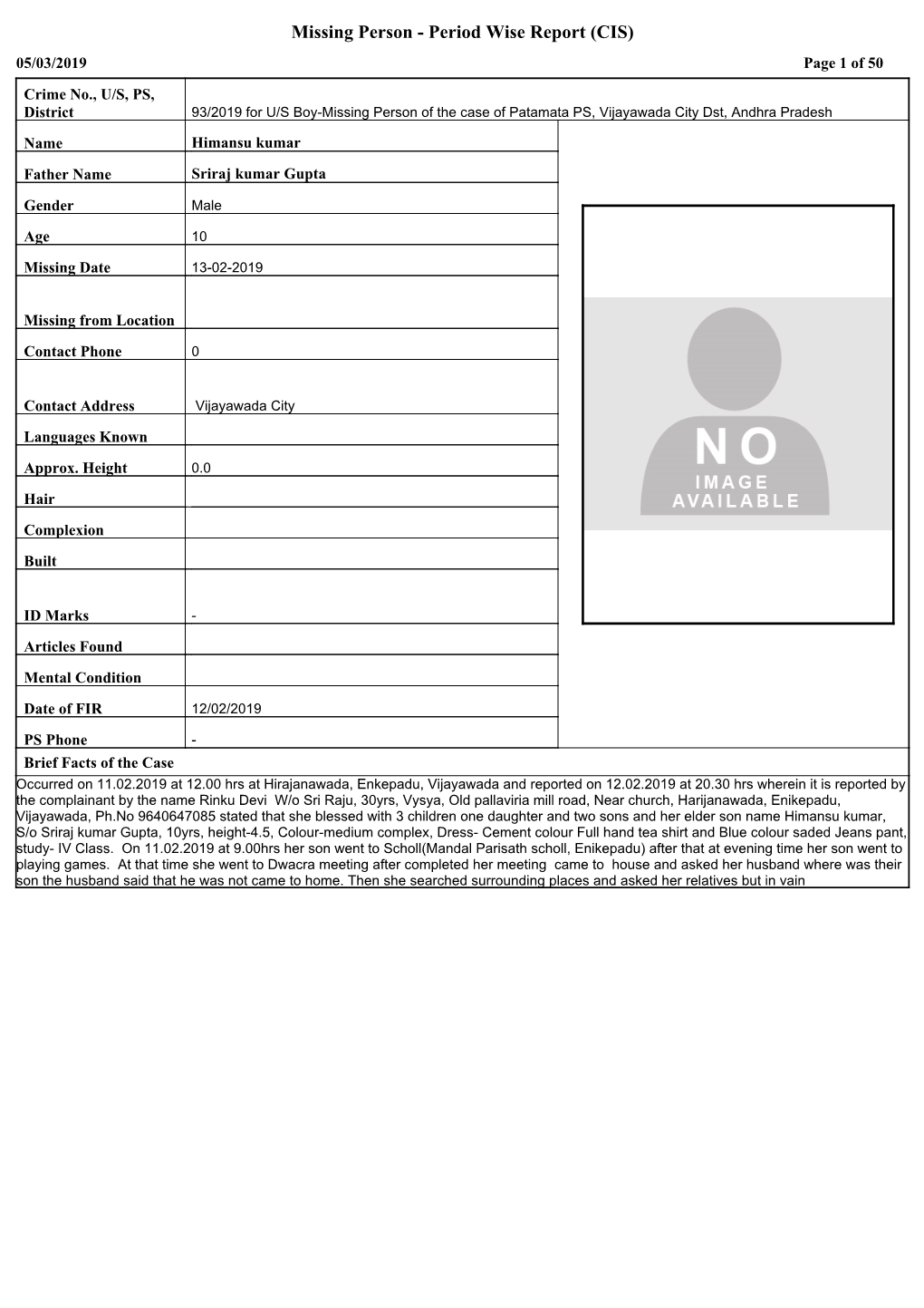 Missing Person - Period Wise Report (CIS) 05/03/2019 Page 1 of 50