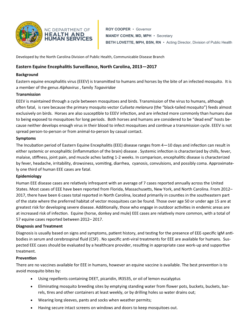 Eastern Equine Encephalitis Surveillance, North Carolina, 2013