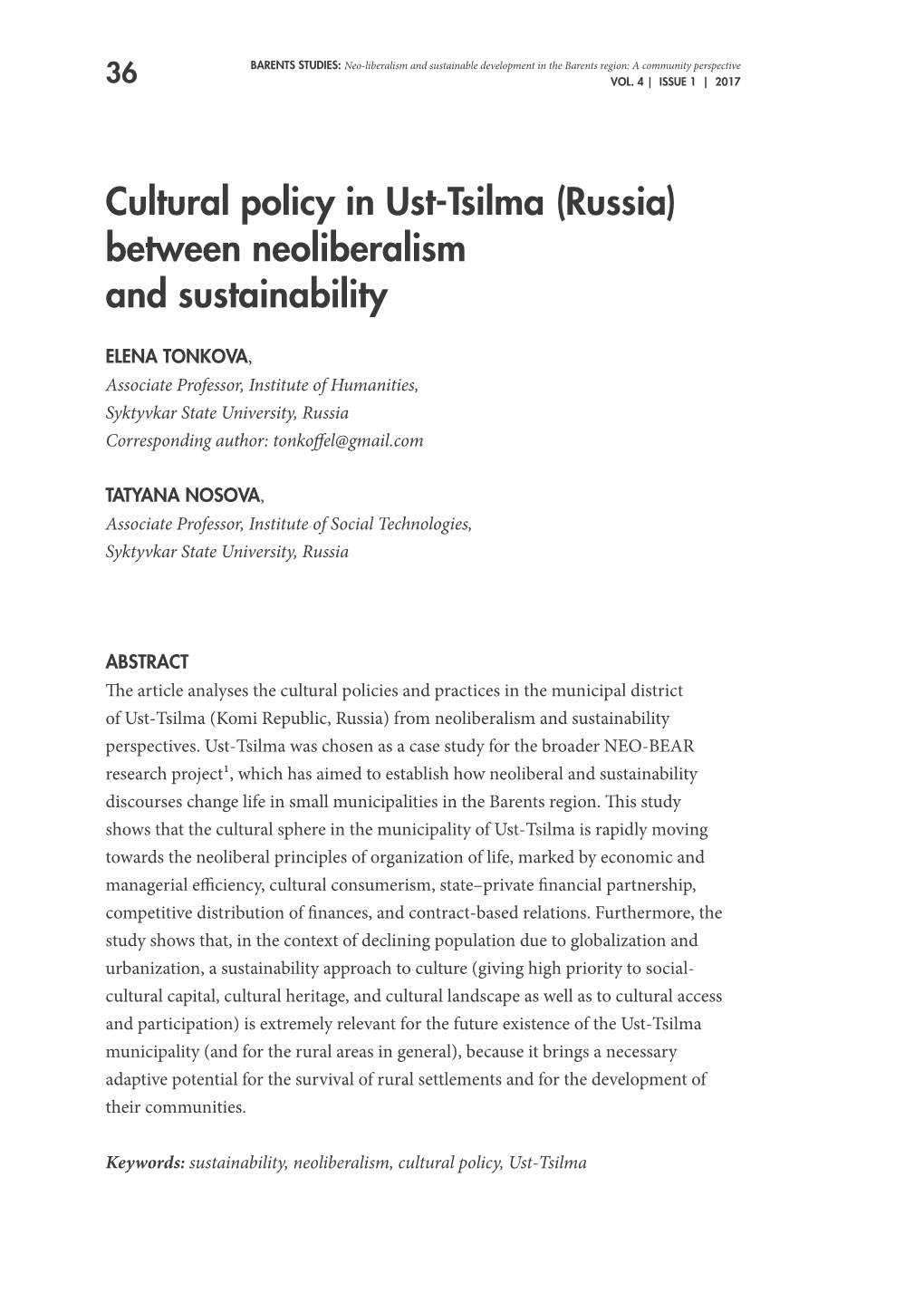Cultural Policy in Ust-Tsilma (Russia) Between Neoliberalism and Sustainability