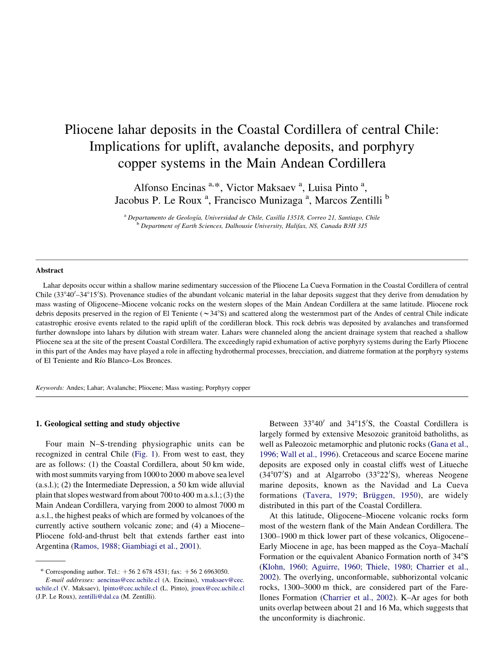 Pliocene Lahar Deposits in the Coastal Cordillera of Central Chile